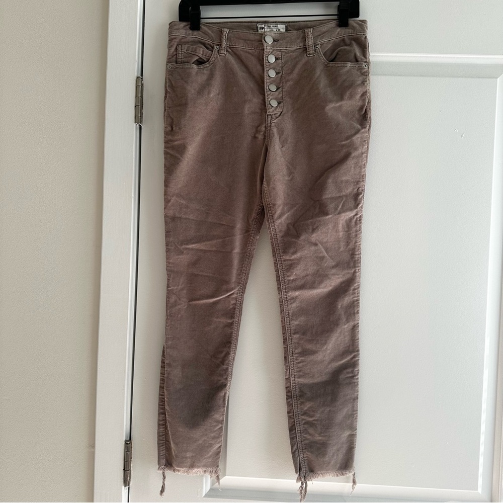Free People Corduroy Taupe Button-Fly Ankle Raw Hem Pants